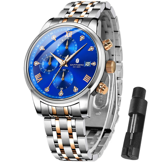 SAPPHERO Luxury Men's Watch Stainless Steel Watch Calendar Waterproof Clock 5ATM Men's Watch High-end Gift Box Clock