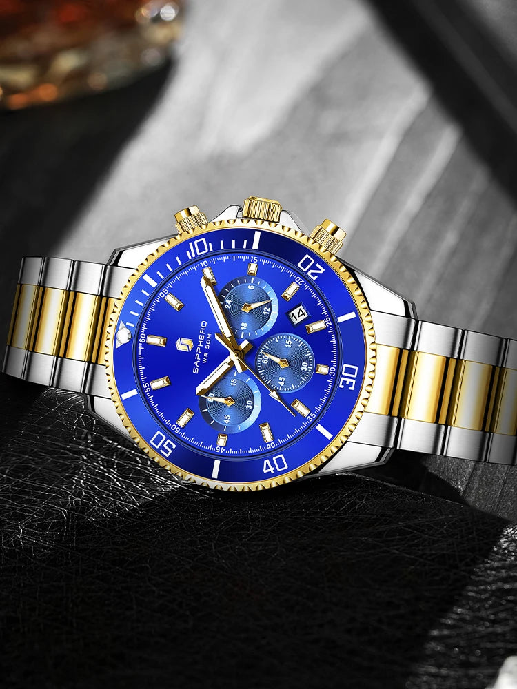SAPPHERO Mens Watch Gold Stainless Steel Calendar Chronograph For Men Stainless Steel Wristwatches Dial