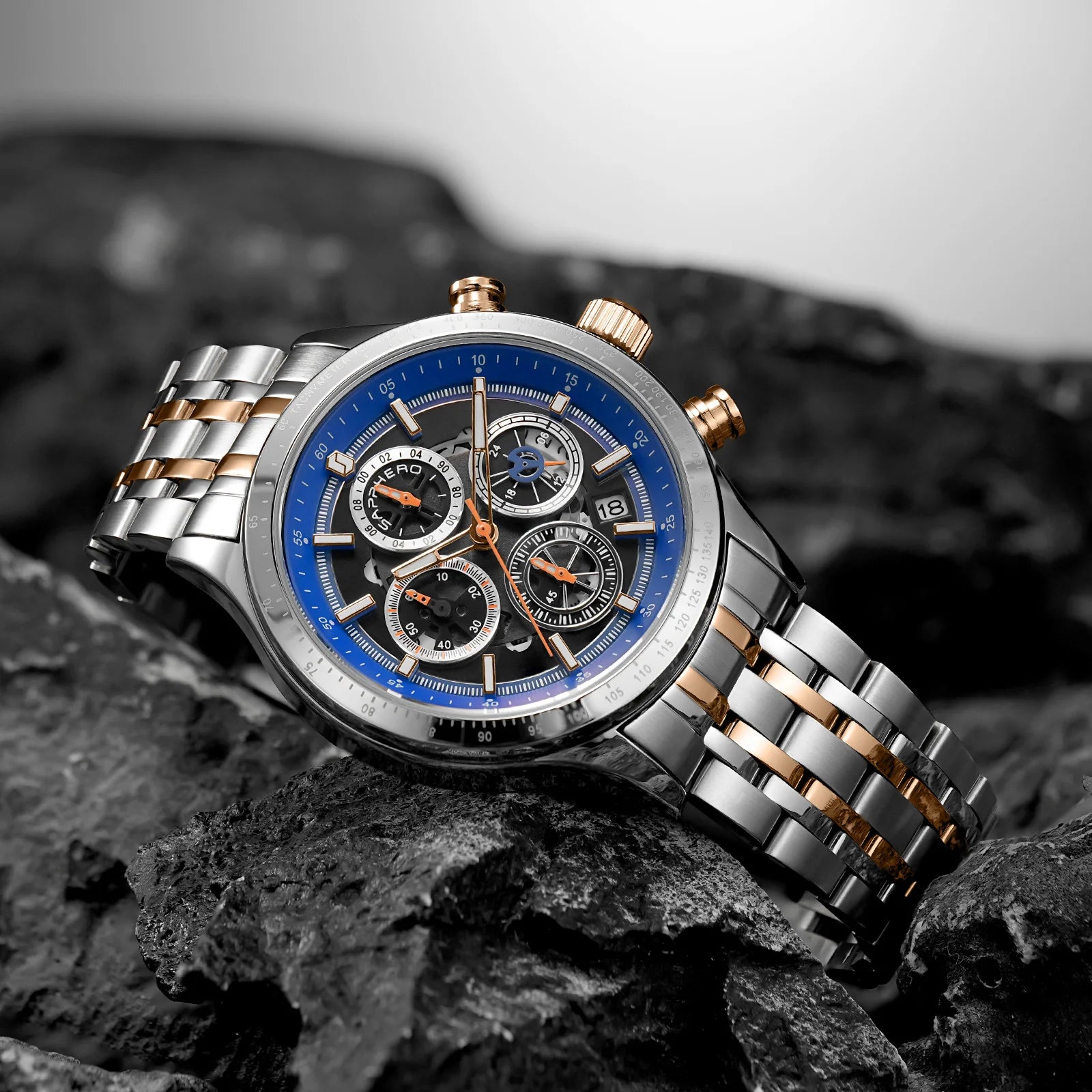 SAPPHERO Fashion Men Watch Mechanical Style Quartz Watch 50M Waterproof Clock Date Chronograph Watch  Gift Watch For Men