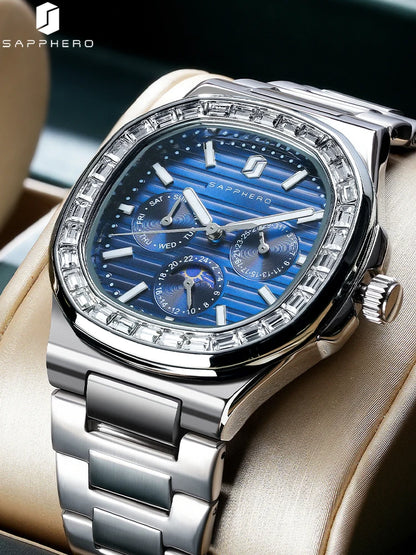 SAPPHERO Luxury Mens Quartz Watch Waterproof Watch Luminous Multifunctional Dial Clock Stainless Steel Strap Fashion Watch