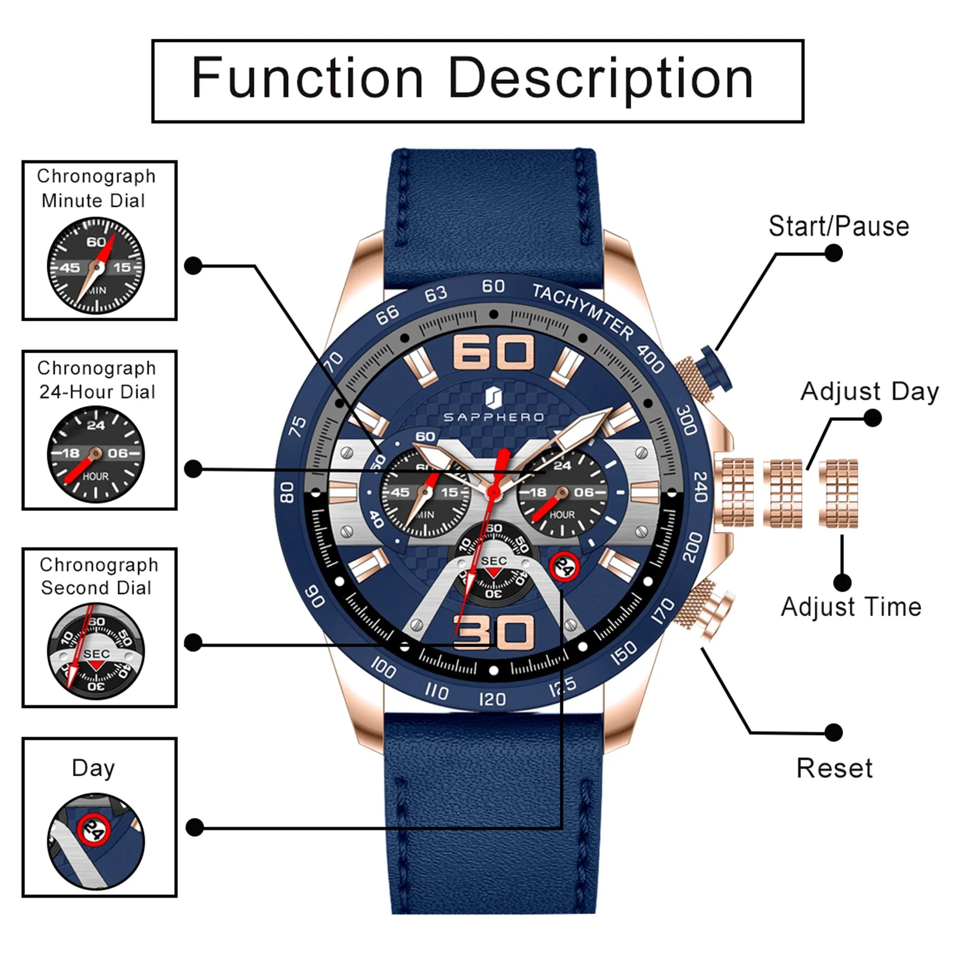SAPPHERO Sports Men's Watch Rose Gold Watch Leather Strap Date Luminous Waterproof Chronograph Quartz Watch Men's Accessories