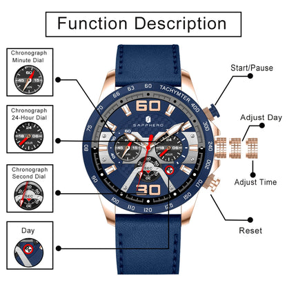 SAPPHERO Sports Men's Watch Rose Gold Watch Leather Strap Date Luminous Waterproof Chronograph Quartz Watch Men's Accessories