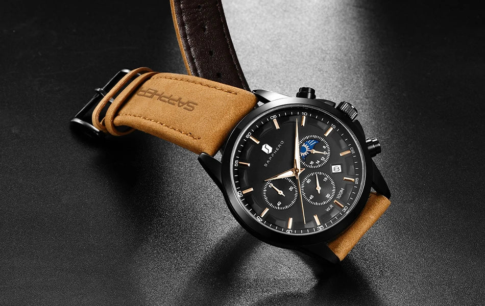 SAPPHERO Stainless steel Mens Watch Luxury Business Quartz Clock 100M Waterproof Casual Date Wristwatch for Men