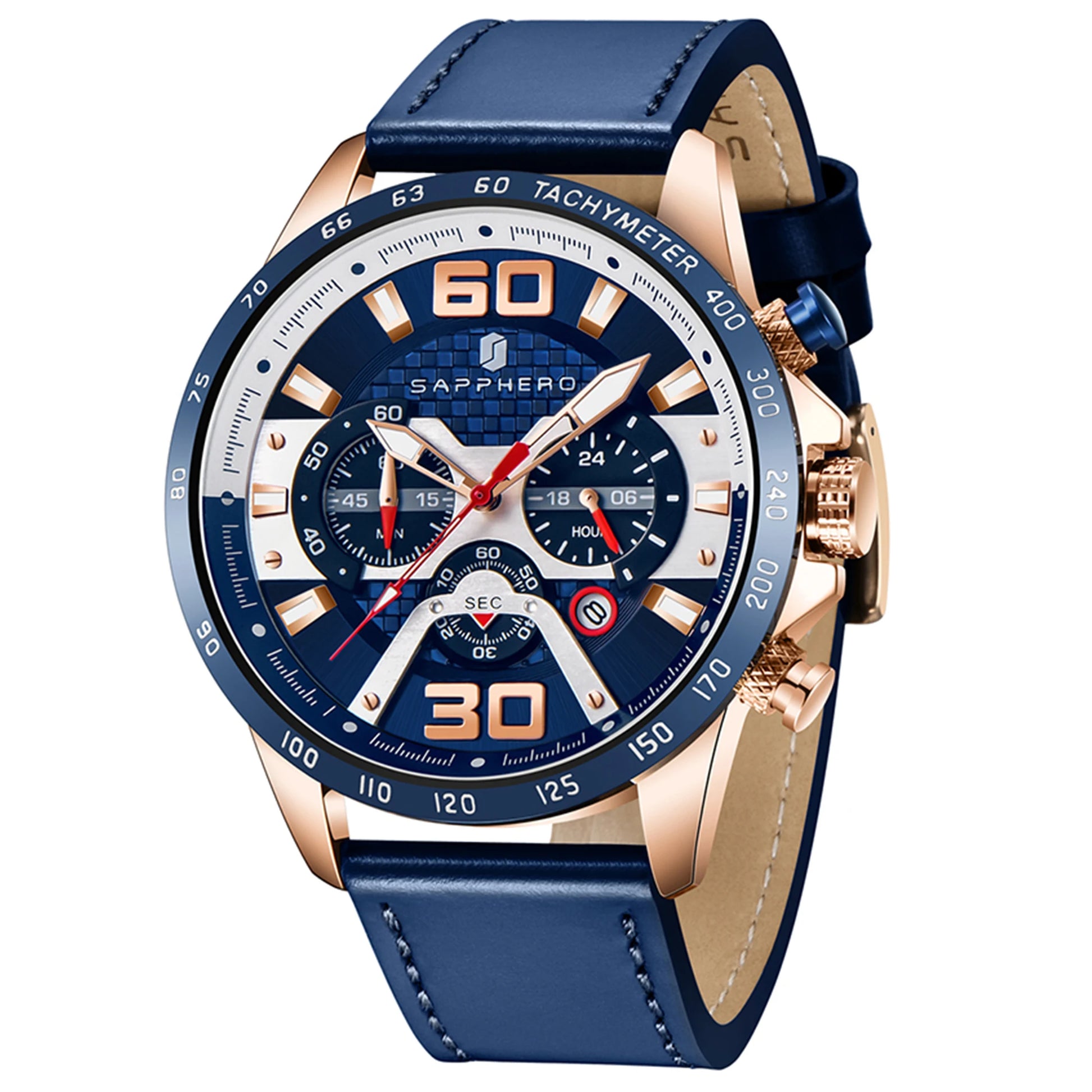 SAPPHERO Sports Men's Watch Rose Gold Watch Leather Strap Date Luminous Waterproof Chronograph Quartz Watch Men's Accessories