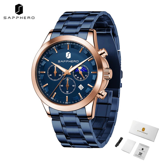 SAPPHERO Men's Business Watches Stainless Steel Strap Date Display & Chronograph Function Waterproof Men's Watch Rose Gold Watch