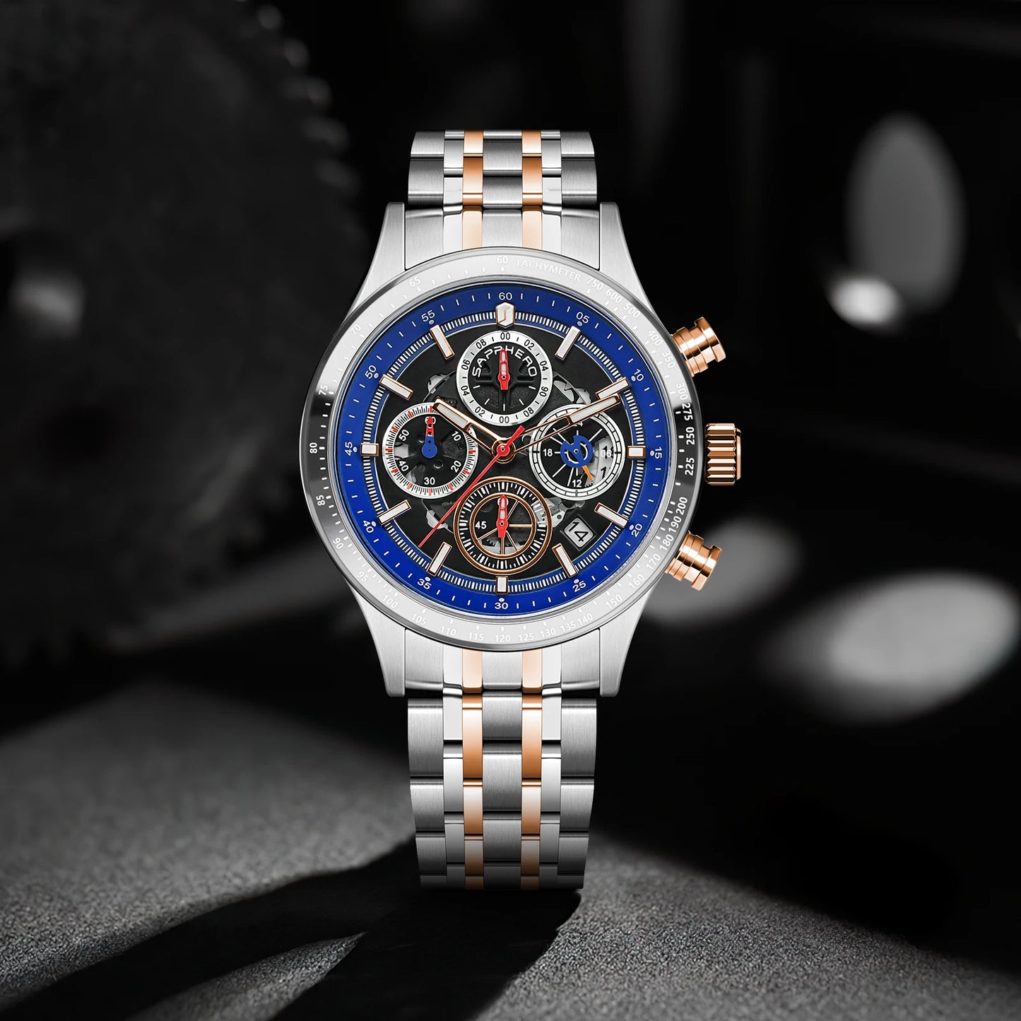 SAPPHERO Fashion Men Watch Mechanical Style Quartz Watch 50M Waterproof Clock Date Chronograph Watch  Gift Watch For Men