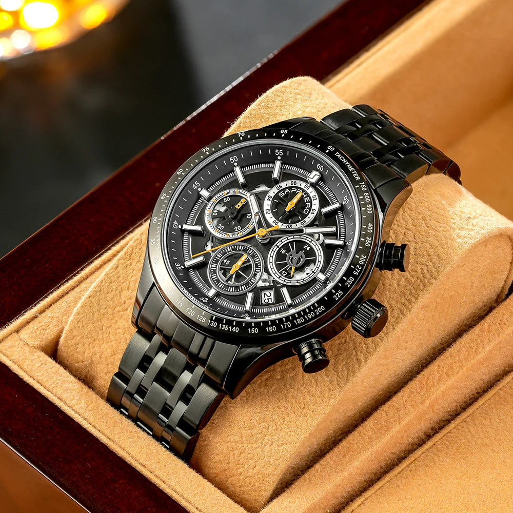 SAPPHERO Fashion Men Watch Mechanical Style Quartz Watch 50M Waterproof Clock Date Chronograph Watch  Gift Watch For Men