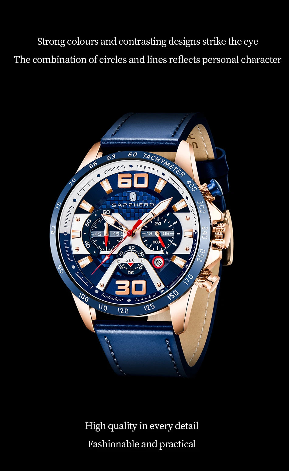 SAPPHERO Sports Men's Watch Rose Gold Watch Leather Strap Date Luminous Waterproof Chronograph Quartz Watch Men's Accessories