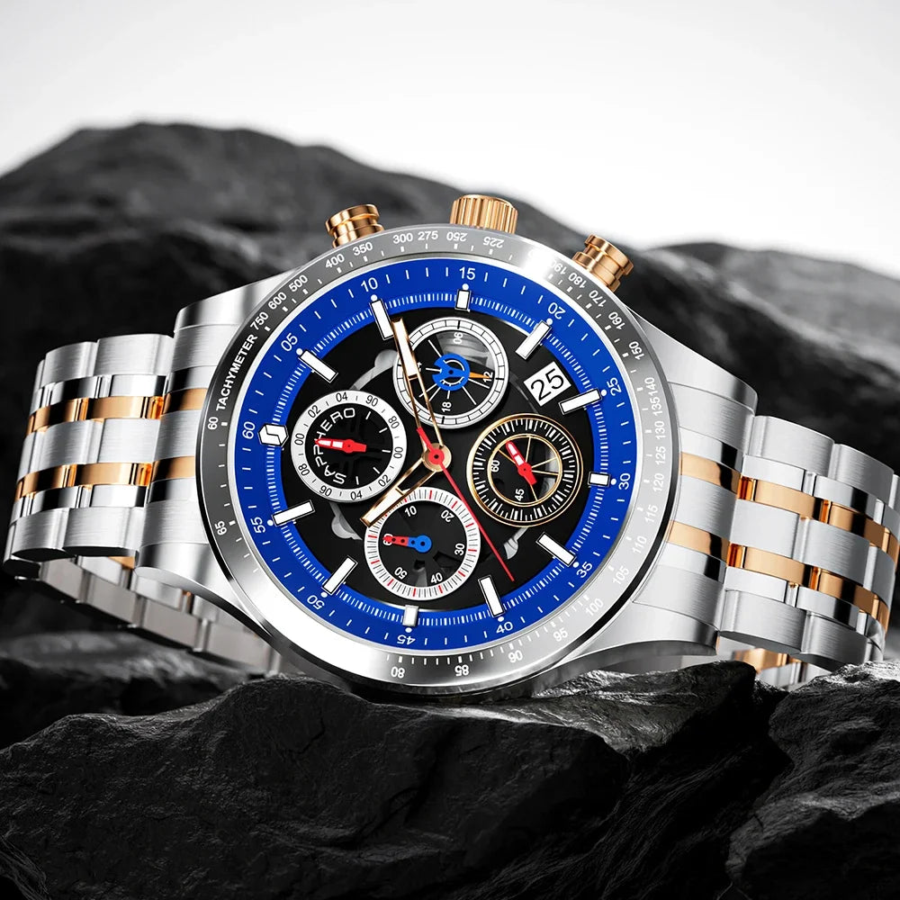 SAPPHERO Fashion Men Watch Mechanical Style Quartz Watch 50M Waterproof Clock Date Chronograph Watch  Gift Watch For Men