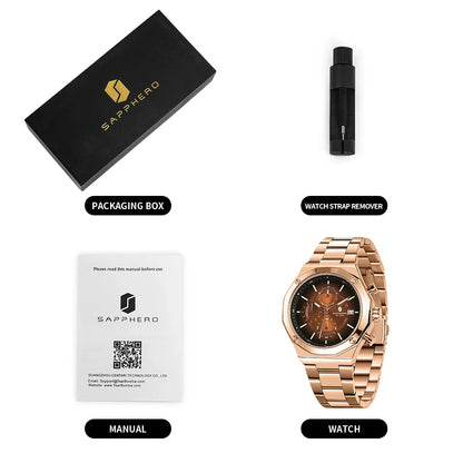 SAPPHERO Rose Gold Men Watch Fashion Luxury Clock Stainless Steel Watch 50m Water Resistance Watch For Men New Year Gifts