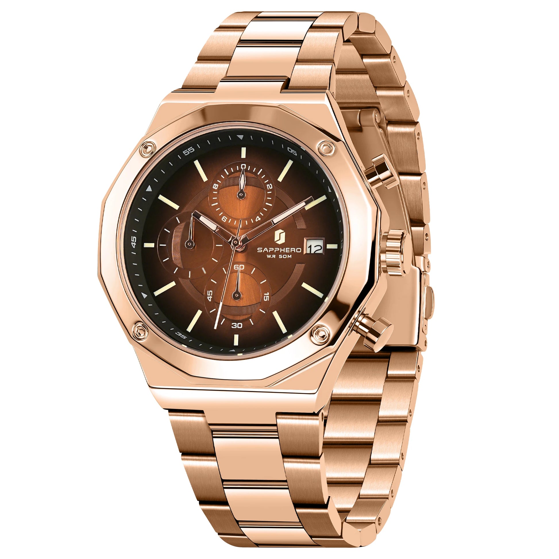 SAPPHERO Rose Gold Men Watch Fashion Luxury Clock Stainless Steel Watch 50m Water Resistance Watch For Men New Year Gifts