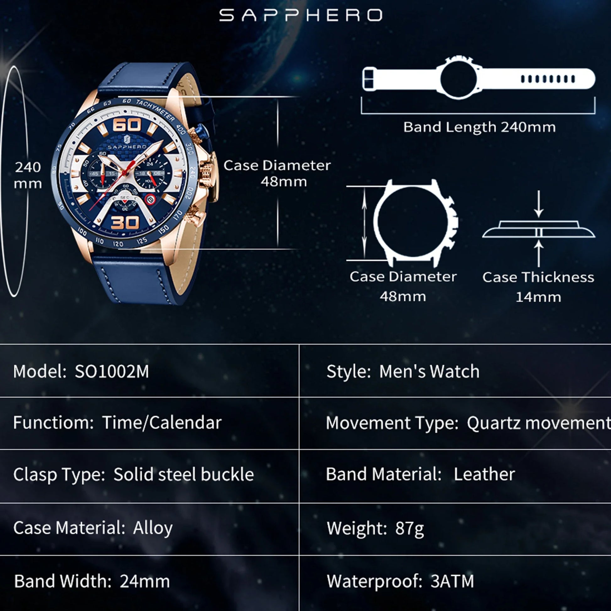 SAPPHERO Sports Men's Watch Rose Gold Watch Leather Strap Date Luminous Waterproof Chronograph Quartz Watch Men's Accessories