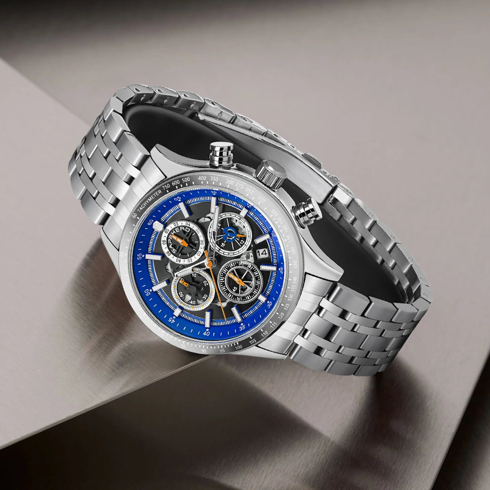 SAPPHERO Fashion Men Watch Mechanical Style Quartz Watch 50M Waterproof Clock Date Chronograph Watch  Gift Watch For Men