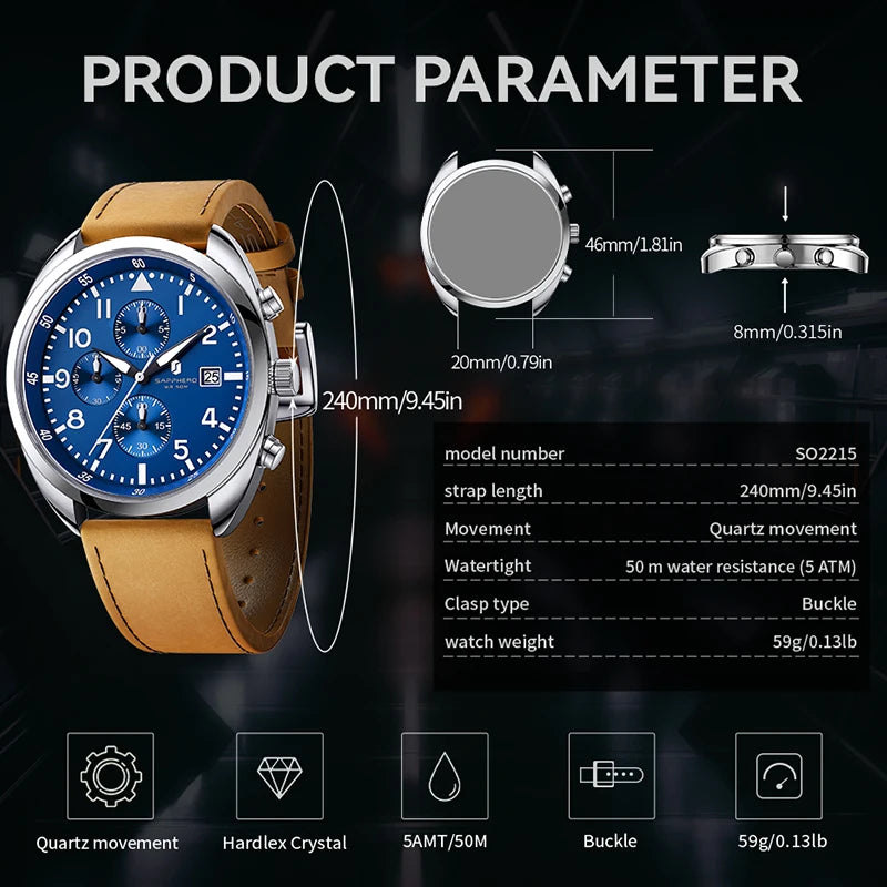 SAPPHERO Men's Quartz Watch Accurate 5ATM Waterproof Men's Watch Business Style Athleisure Watch Simple and Simple Design Clock
