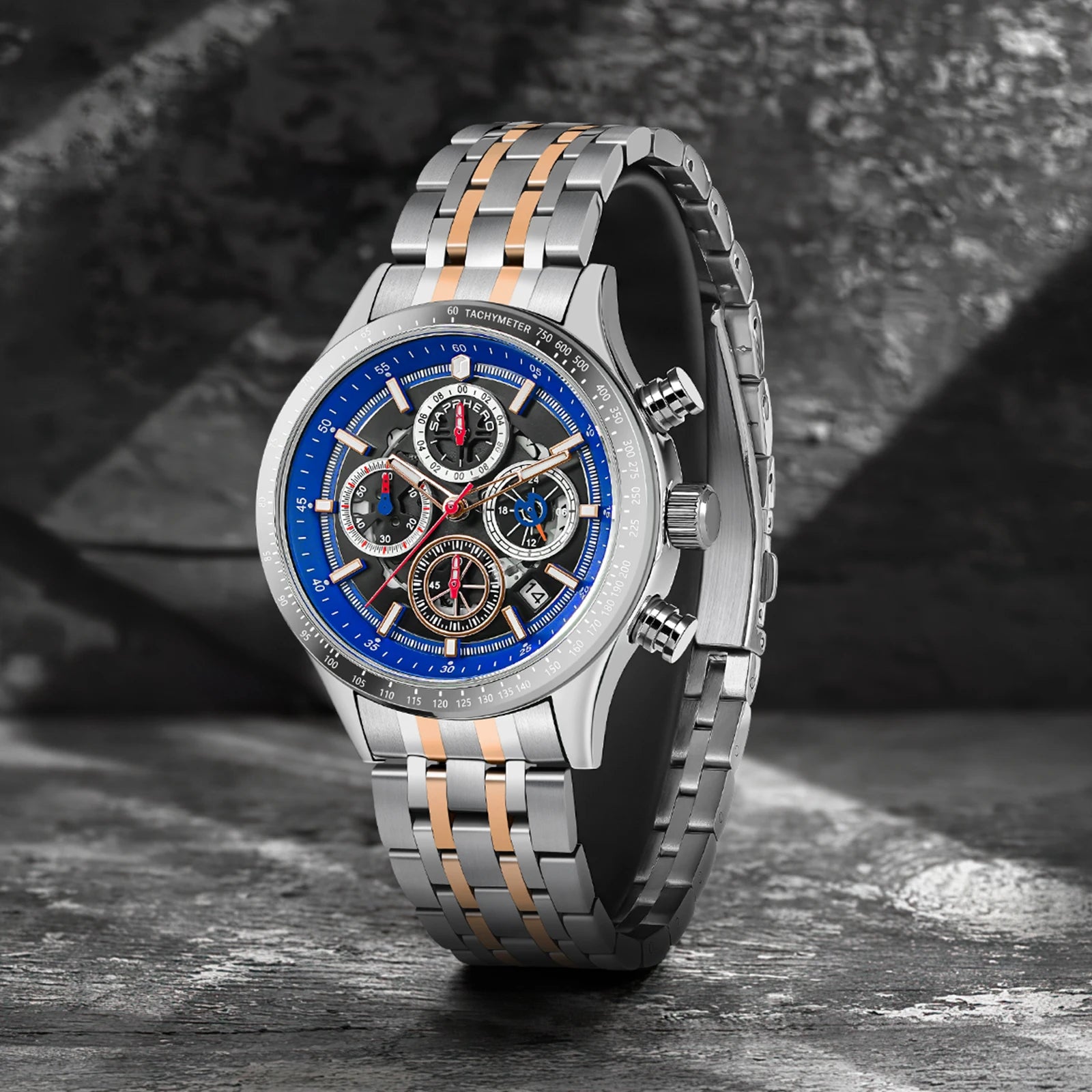 SAPPHERO Fashion Men Watch Mechanical Style Quartz Watch 50M Waterproof Clock Date Chronograph Watch  Gift Watch For Men