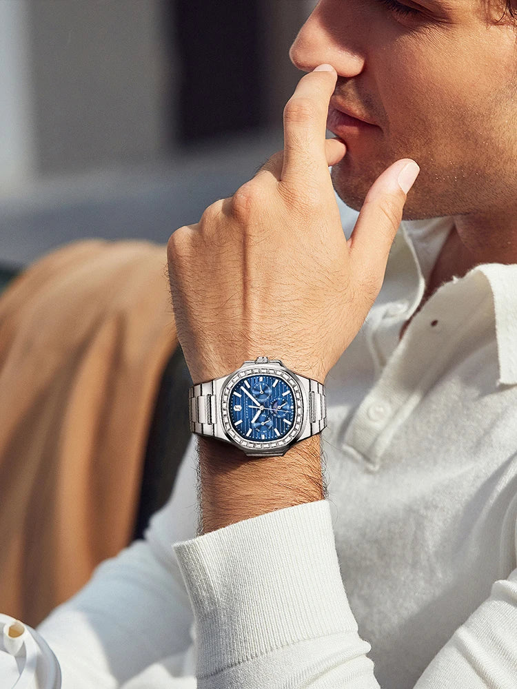 SAPPHERO Luxury Mens Quartz Watch Waterproof Watch Luminous Multifunctional Dial Clock Stainless Steel Strap Fashion Watch
