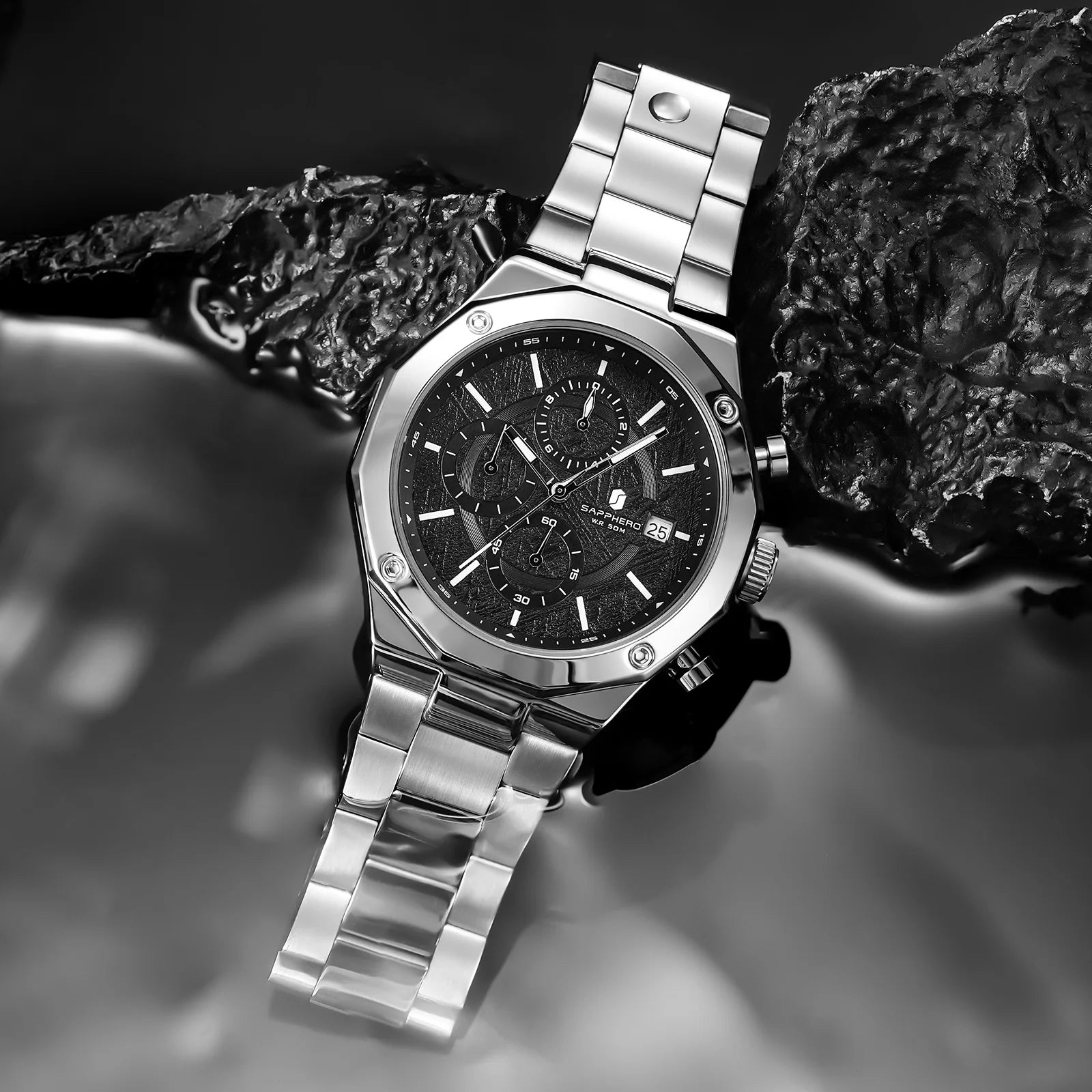 SAPPHERO Rose Gold Men Watch Fashion Luxury Clock Stainless Steel Watch 50m Water Resistance Watch For Men New Year Gifts