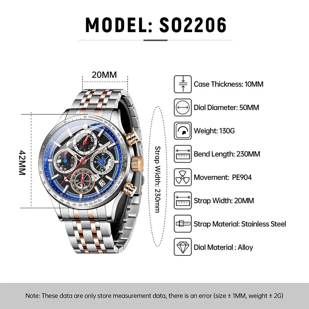 SAPPHERO Fashion Men Watch Mechanical Style Quartz Watch 50M Waterproof Clock Date Chronograph Watch  Gift Watch For Men