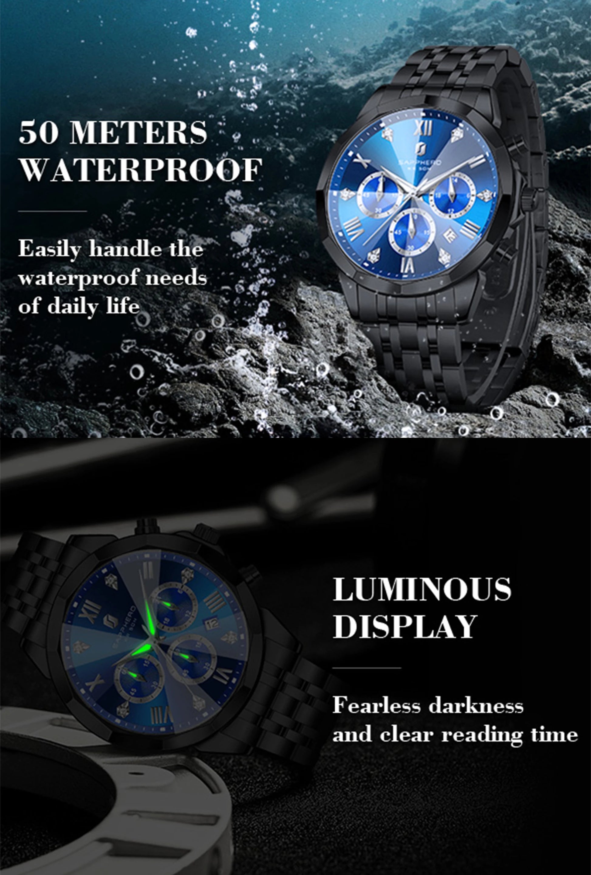 SAPPHERO Business Men's Watch Stainless Steel Watch 5 ATM Luminous Watch Date Display Tough Men's Gift Watch For Men