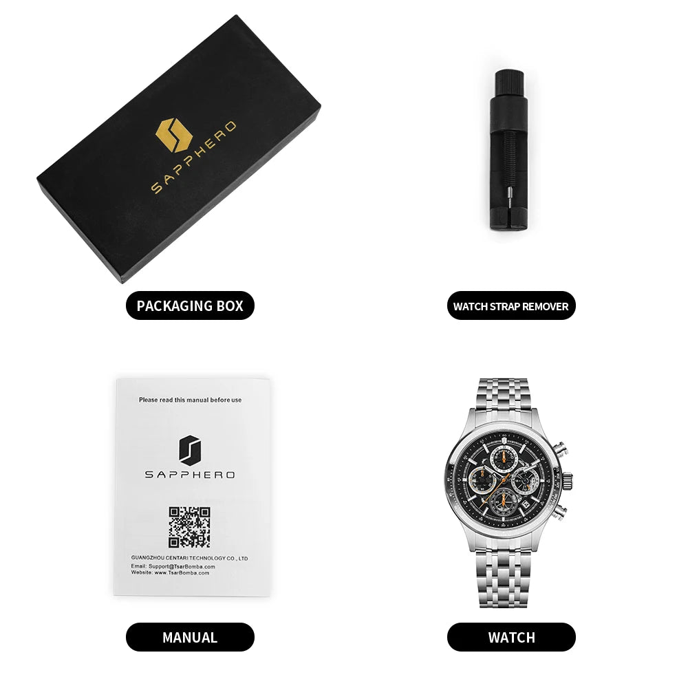 SAPPHERO Fashion Men Watch Mechanical Style Quartz Watch 50M Waterproof Clock Date Chronograph Watch  Gift Watch For Men