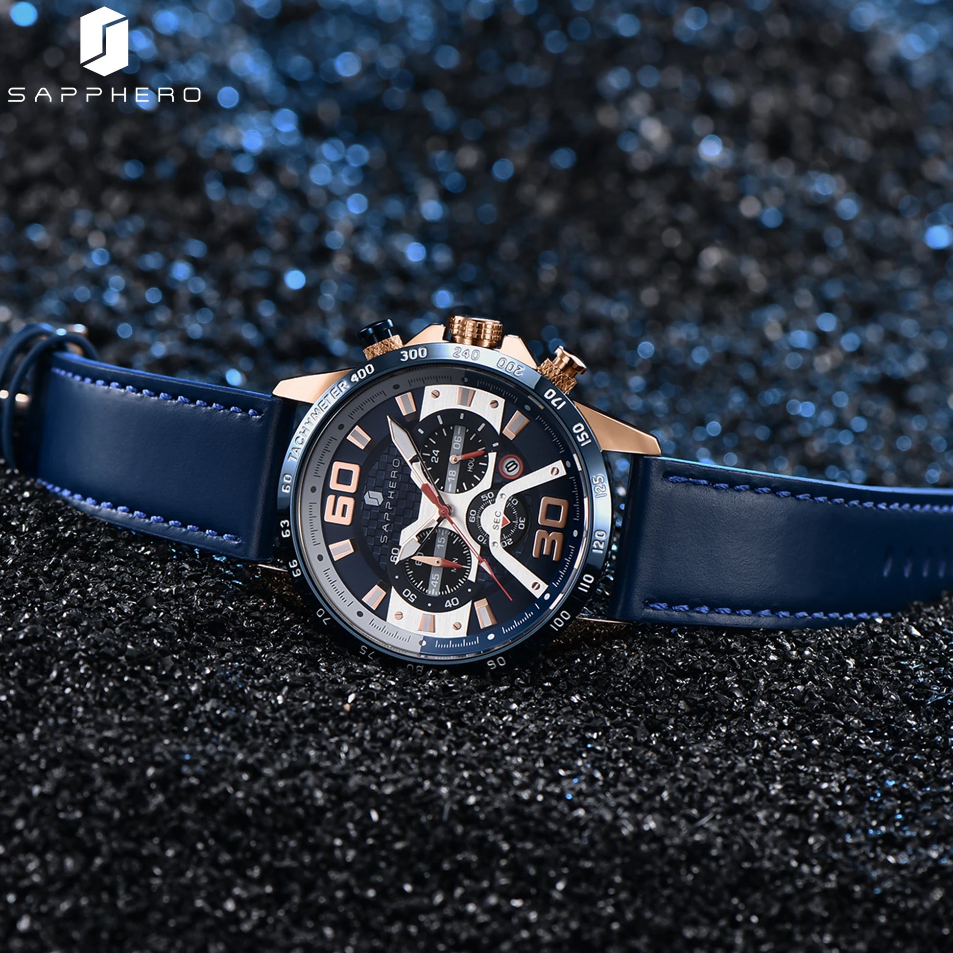 SAPPHERO Sports Men's Watch Rose Gold Watch Leather Strap Date Luminous Waterproof Chronograph Quartz Watch Men's Accessories