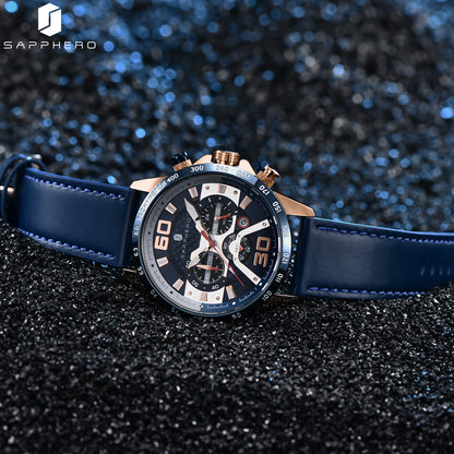 SAPPHERO Sports Men's Watch Rose Gold Watch Leather Strap Date Luminous Waterproof Chronograph Quartz Watch Men's Accessories