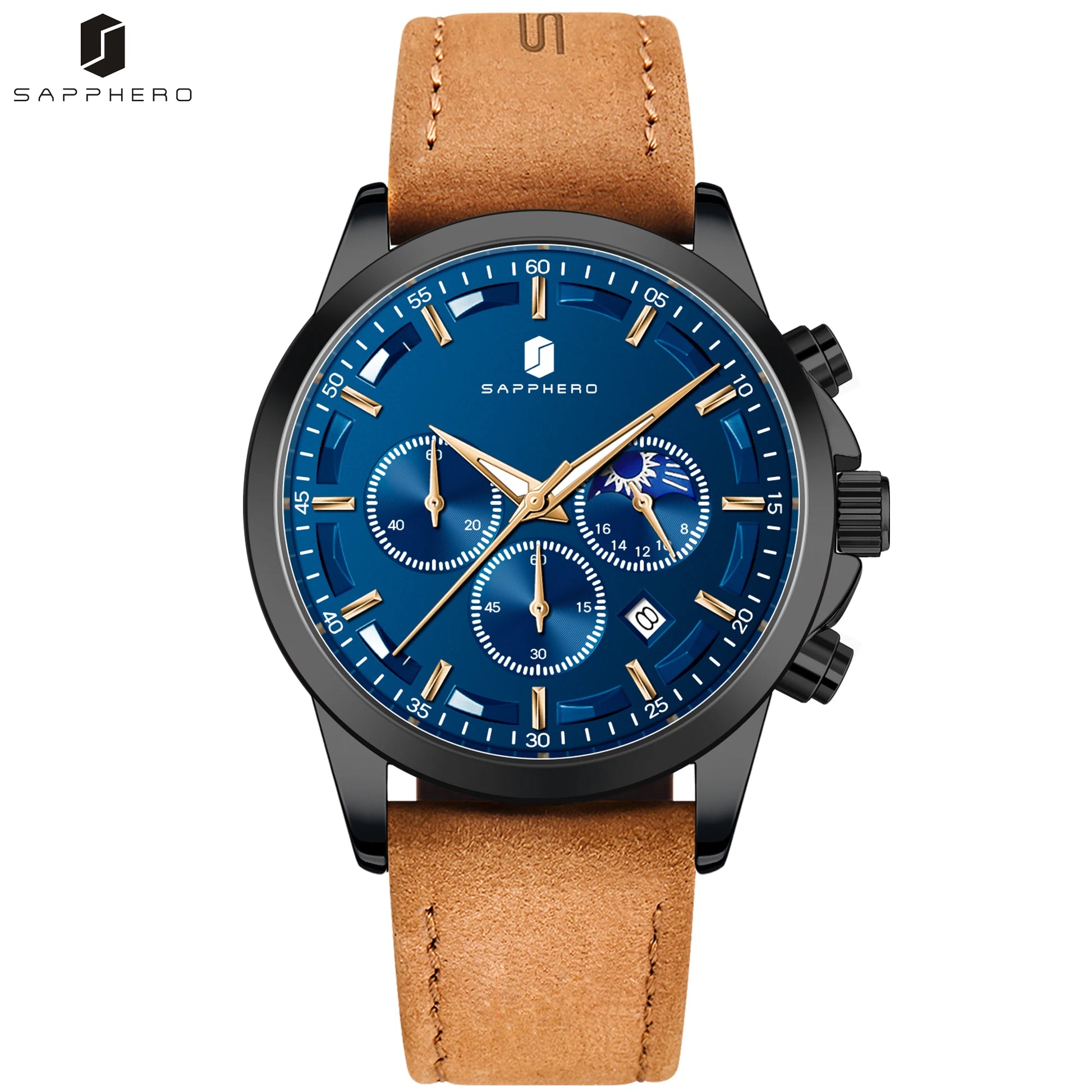 SAPPHERO Men's Business Watches Leather Strap Sports Casual Quartz Men's Watch Classic Waterproof Timepiece 5ATM Wrist Watch