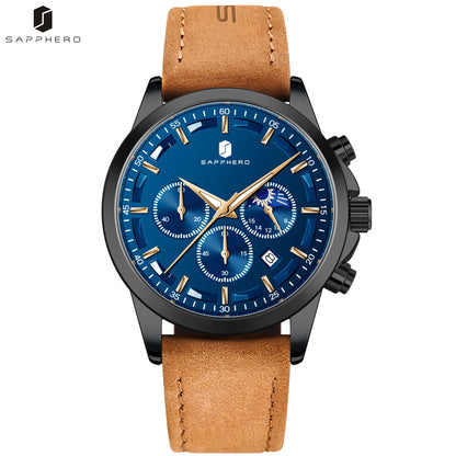 SAPPHERO Men's Business Watches Leather Strap Sports Casual Quartz Men's Watch Classic Waterproof Timepiece 5ATM Wrist Watch