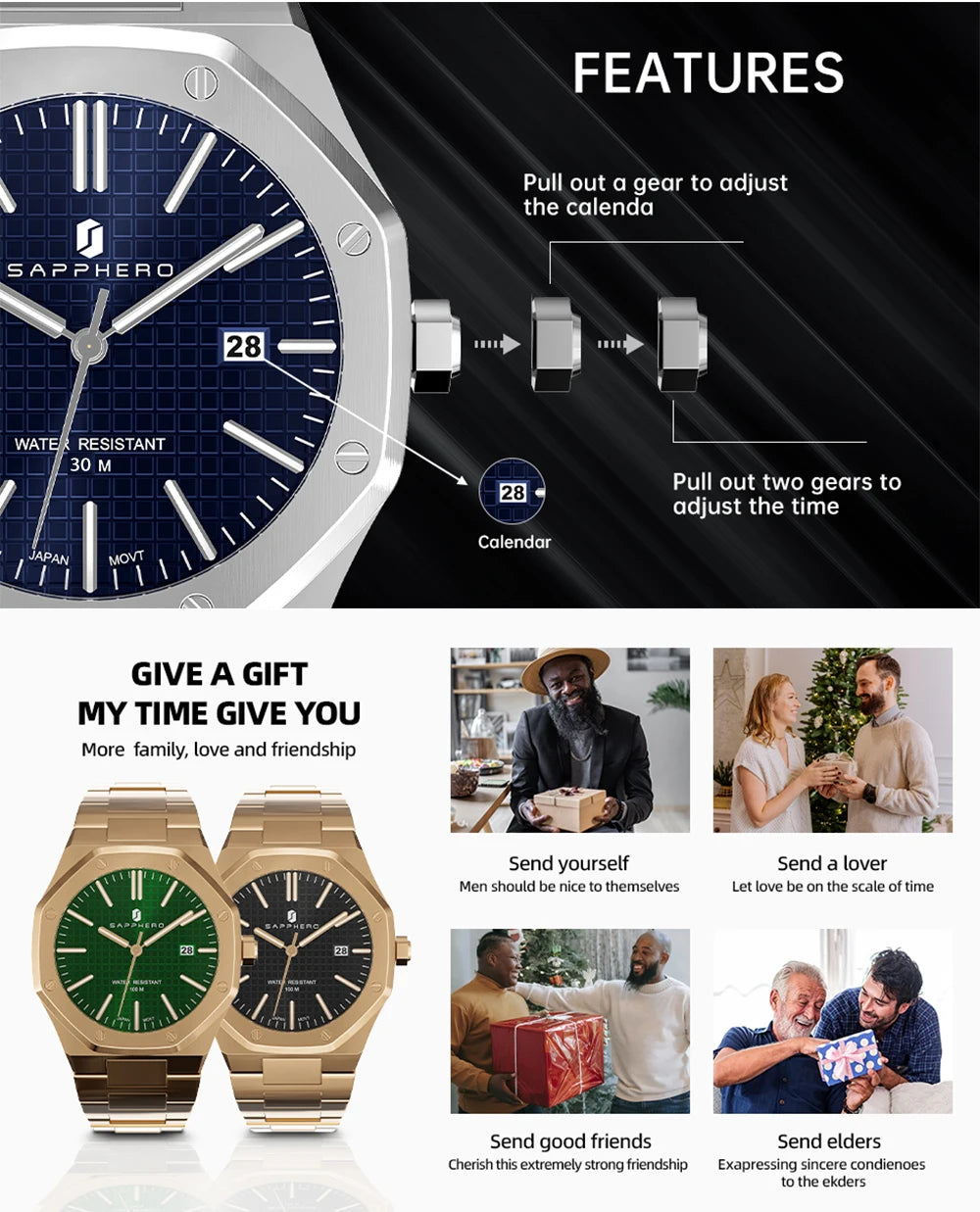 SAPPHERO Men's Business Stainless Steel Watch For Men Seiko Movement Classic Design Charming Men's Gift Waterproof Wrist Watch