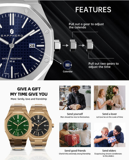 SAPPHERO Men's Business Stainless Steel Watch For Men Seiko Movement Classic Design Charming Men's Gift Waterproof Wrist Watch